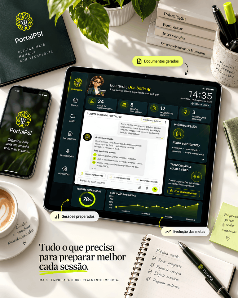 Panel de la plataforma PortalPSI en una tableta con análisis clínico, agenda de casos y transcripción de audio
